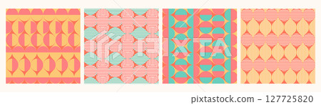 Geometric mid-century modern vector seamless patterns set. Trendy colorful retro repeat designs with pink, yellow shapes, stripes, circles. Playful abstract backgrounds for wallpaper, wrapping, media Geometric mid-century modern vector seamless patterns set. Trendy colorful retro repeat designs with pink, yellow shapes, stripes, circles. Playful abstract backgrounds for wallpaper, wrapping, media 127725820