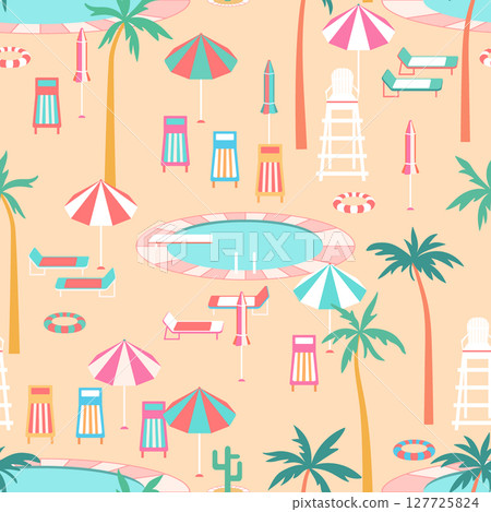 Tropical vacation poolside scene vector seamless pattern. Round pool, swim rings, palm trees, colorful sun loungers, parasols, lifeguard chair on beach sand background. Fun summer resort repeat tile 127725824