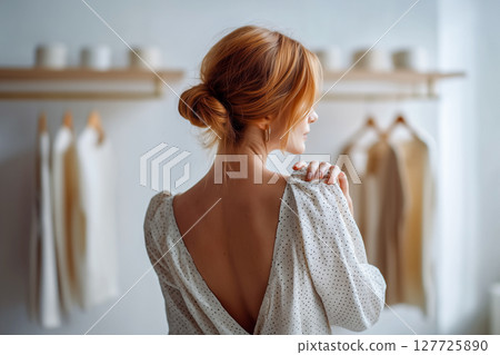 A woman is standing in front of a rack of clothes, looking at her back 127725890