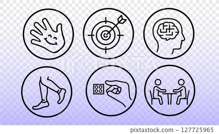 Early childhood development icon set. Fine motor education activities kids learning. Preschool kindergarten school games. Black line icons on transparent vector illustration 127725965