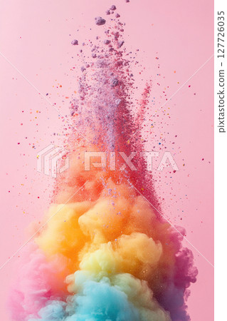 Pink vertical background with a mountain of colored powder from holi paints. 127726035