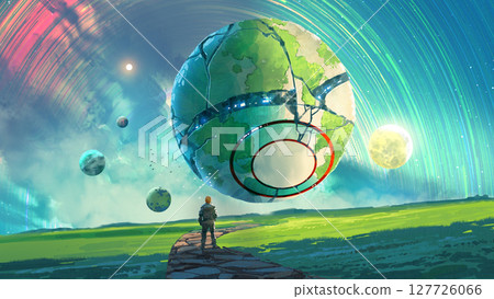 Traveler Approaches Mysterious Cracked Planet in the Sky Traveler Approaches Mysterious Cracked Planet in the Sky 127726066
