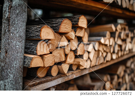 The rack is filled with chopped firewood for the fireplace. Generated by artificial intelligence 127726072