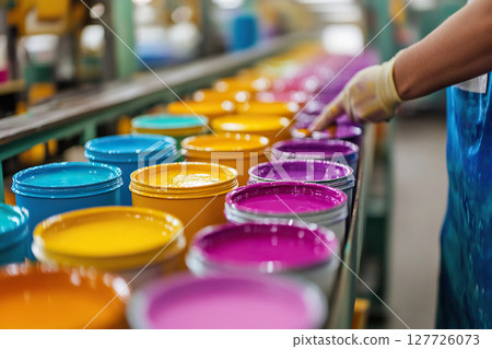 Cans of industrial paint in different colors travel on a conveyor belt in a factory. Factory for the production of paints. Cans of industrial paint in different colors travel on a conveyor belt in a factory. Factory for the production of paints. 127726073
