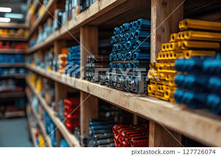 Wooden shelves with pipes and construction hardware in an industrial store. Generated by artificial intelligence Wooden shelves with pipes and construction hardware in an industrial store. Generated by artificial intelligence 127726074