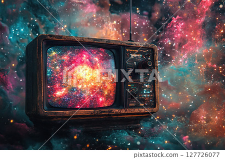 Image of vintage television on space background with foggy nebula. Cool vintage stuff concept. Generated by artificial intelligence 127726077