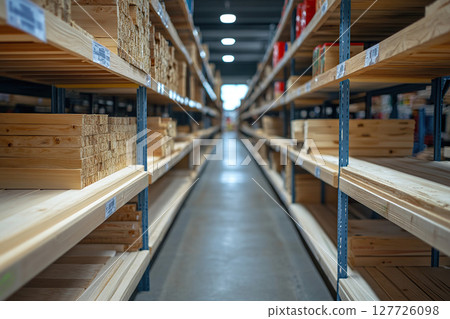 Untreated wood for sale on the shelves of a hardware store. Generated by artificial intelligence 127726098