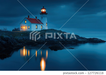 House with a lighthouse in the twilight of a quiet harbor. Generated by artificial intelligence House with a lighthouse in the twilight of a quiet harbor. Generated by artificial intelligence 127726118