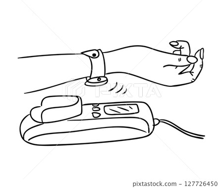 Contactless payment with smart wristband and wireless terminal drawn in simple black line style Contactless payment with smart wristband and wireless terminal drawn in simple black line style 127726450
