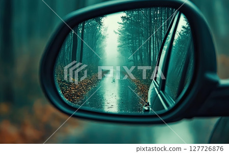 Moody autumn drive through misty forest seen in side view mirror 127726876