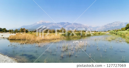 Serene landscape featuring calm river, lush greenery, and distant mountains under clear blue sky 127727069