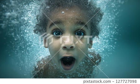 A child takes a deep breath before diving under the water in a sparkling pool. Bubbles surround the child as they prepare for an adventurous swim on a warm summer day. 127727098