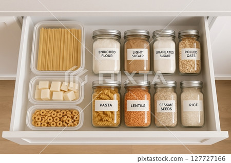 Neatly organized kitchen drawer with labeled jars and containers featuring dry goods and seasonings in a modern home. concept of orderly lifestyle, efficient storage, culinary organization 127727166