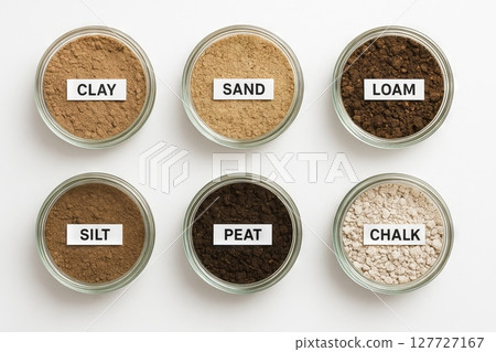 Diverse soil types displayed in glass containers: clay, sand, loam, silt, peat, chalk. concept of earth science, agriculture, soil study, educational material, white background 127727167