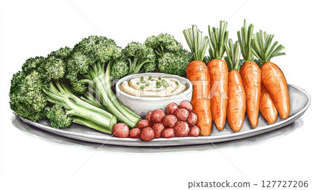 Watercolor illustration - A colorful veggie platter with broccoli, carrots, and hummus. concept of healthy eating, vegetarian cuisine, artistic food presentation, White background Watercolor illustration - A colorful veggie platter with broccoli, carrots, and hummus. concept of healthy eating, vegetarian cuisine, artistic food presentation, White background 127727206