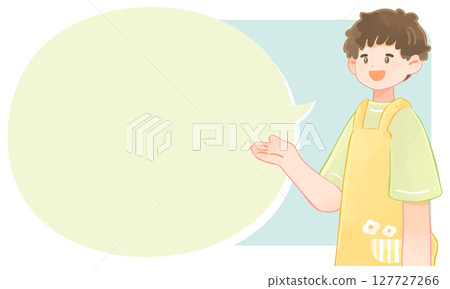 A male nursery teacher in a guidance pose and a speech bubble 127727266