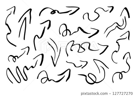 A set of hand-drawn arrows, pointers in black marker. Curved, straight, twisted, and calligraphic arrows of various shapes for designing infographics, educational materials, stickers. Vector symbols. A set of hand-drawn arrows, pointers in black marker. Curved, straight, twisted, and calligraphic arrows of various shapes for designing infographics, educational materials, stickers. Vector symbols. 127727270