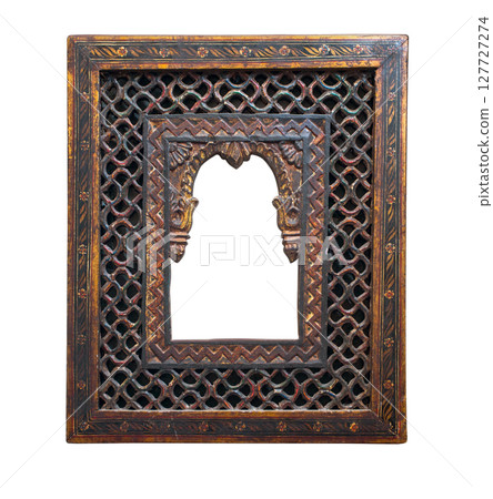 Intricate wooden frame showcasing traditional indian design with transparent background Intricate wooden frame showcasing traditional indian design with transparent background 127727274