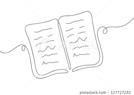 Open book in line art style. Vector illustration of a continuous line with a school book, chronicle, reference book, and bible. Background for learning, school subject. 127727282