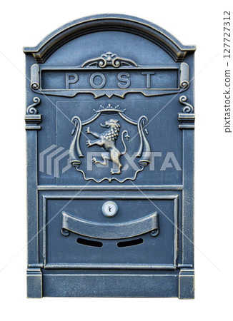 Vintage metal mailbox with heraldic lion and post sign isolated on white background 127727312