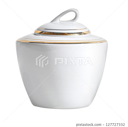 White porcelain sugar bowl with gold trim on transparent background White porcelain sugar bowl with gold trim on transparent background 127727332