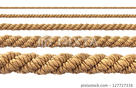 Different sizes of rope showing increasing thickness on white background Different sizes of rope showing increasing thickness on white background 127727338