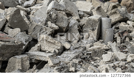 Pile of concrete debris with exposed rebar and pipes after building demolition 127727366