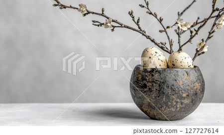 Speckled eggs dark bowl with blooming branches create serene 127727614