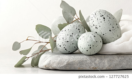 Speckled grey Easter eggs with eucalyptus on stone surface 127727625