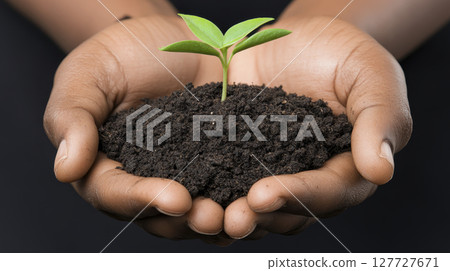 Small green sprout in dark soil held in hands with care 127727671