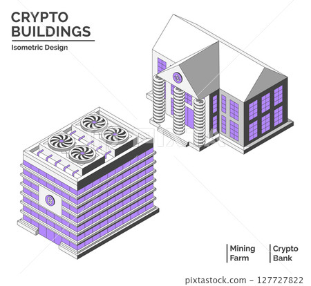 Cartoon Color Mining Farm and Bank Crypto Buildings Isolated City Concept 3d Isometric View Line Elements. Vector illustration Cartoon Color Mining Farm and Bank Crypto Buildings Isolated City Concept 3d Isometric View Line Elements. Vector illustration 127727822