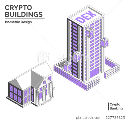 Cartoon Color Decentralized Exchange and Bank Crypto Buildings Isolated on a White Background City Concept 3d Isometric View Line Elements. Vector illustration 127727825