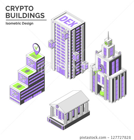 Cartoon Color DEX, Wallet Company, Smart Contract Hub and Virtual Exchange Crypto Buildings Isolated on a White Background City Concept 3d Isometric View Line Elements. Vector illustration Cartoon Color DEX, Wallet Company, Smart Contract Hub and Virtual Exchange Crypto Buildings Isolated on a White Background City Concept 3d Isometric View Line Elements. Vector illustration 127727828