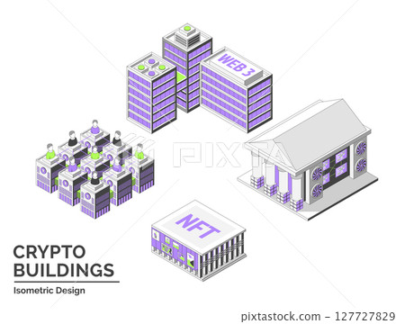 Cartoon Color NFT Gallery, Startup Coworking, Mining Farm and DAO Office Crypto Buildings Isolated on a White Background City Concept 3d Isometric View Line Elements. Vector illustration 127727829