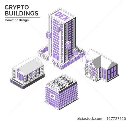 Cartoon Color Mining Farm, DEX ,Virtual Exchange and Bank Crypto Buildings Isolated on a White Background City Concept 3d Isometric View Line Elements. Vector illustration 127727830
