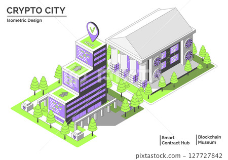 Cartoon Color Smart Contract Hub and Blockchain Museum Building Crypto City Concept 3d Isometric View Line Elements. Vector illustration 127727842