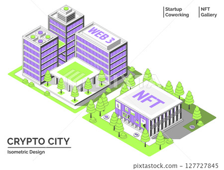 Cartoon Color Startup Coworking and NFT Gallery Building Crypto City Concept 3d Isometric View Line Elements. Vector illustration 127727845