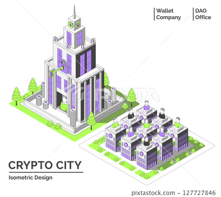 Cartoon Color DAO Office and Wallet Company Building Crypto City Concept 3d Isometric View Line Elements. Vector illustration 127727846