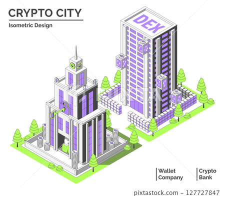 Cartoon Color DEX Office and Wallet Company Building Crypto City Concept 3d Isometric View Line Elements. Vector illustration Cartoon Color DEX Office and Wallet Company Building Crypto City Concept 3d Isometric View Line Elements. Vector illustration 127727847