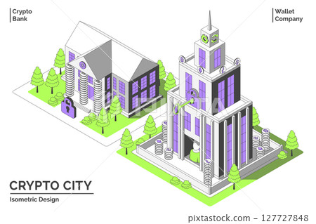Cartoon Color Bank and Wallet Company Building Crypto City Concept 3d Isometric View Line Elements. Vector illustration 127727848
