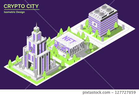 Cartoon Color Wallet Company, NFT Gallery and Mining Farm Building Crypto City Concept 3d Isometric View Line Elements. Vector illustration Cartoon Color Wallet Company, NFT Gallery and Mining Farm Building Crypto City Concept 3d Isometric View Line Elements. Vector illustration 127727859