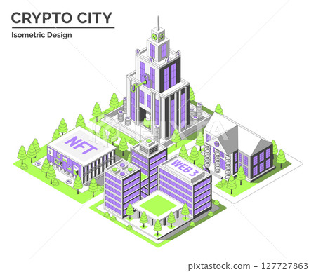 Cartoon Color Wallet Company, NFT Gallery, Startup Coworking and Bank Building Crypto City Concept 3d Isometric View Line Elements. Vector illustration 127727863