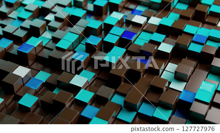 "Dynamic Cubic Mosaic: Teal, Turquoise, and Brown Textured Surface" 127727976