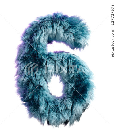 Blue Furry Letter 6 on a White Background Artfully Designed 127727978