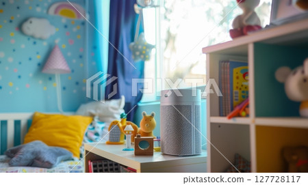 Small air purifier on a shelf in child's playful bedroom with toys and colorful decor. concept of clean air, kids room, home comfort 127728117