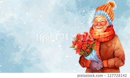 Watercolor illustration of a cheerful elderly woman holding a bouquet of red flowers on a snowy winter day. concept of happiness, winter joy, senior lifestyle, copy space 127728142