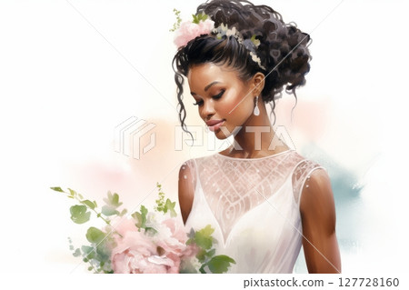 Watercolor illustration of an african bride with floral bouquet in elegant white dress. concept of wedding beauty, bridal fashion, romantic celebration, copy space 127728160