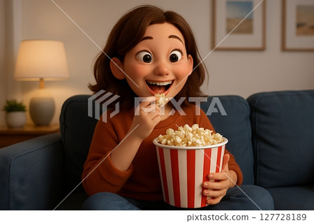 Joyful girl eating popcorn during movie night at home with excited expression. concept of happiness, entertainment, cozy evening indoors 127728189