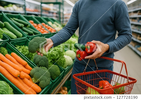 Male shopper selecting fresh produce including broccoli and red pepper at grocery store. concept of healthy eating, grocery shopping, vegetables 127728190