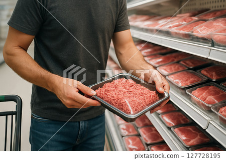 Man holding packaged meat in grocery store aisle with various selections. concept of shopping, food choice, grocery store visit, meal preparation 127728195